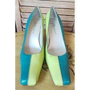 J. Renee Sz 10 Blue Green Leather Colorblock Square Toe Pump 3" Heels Wacky